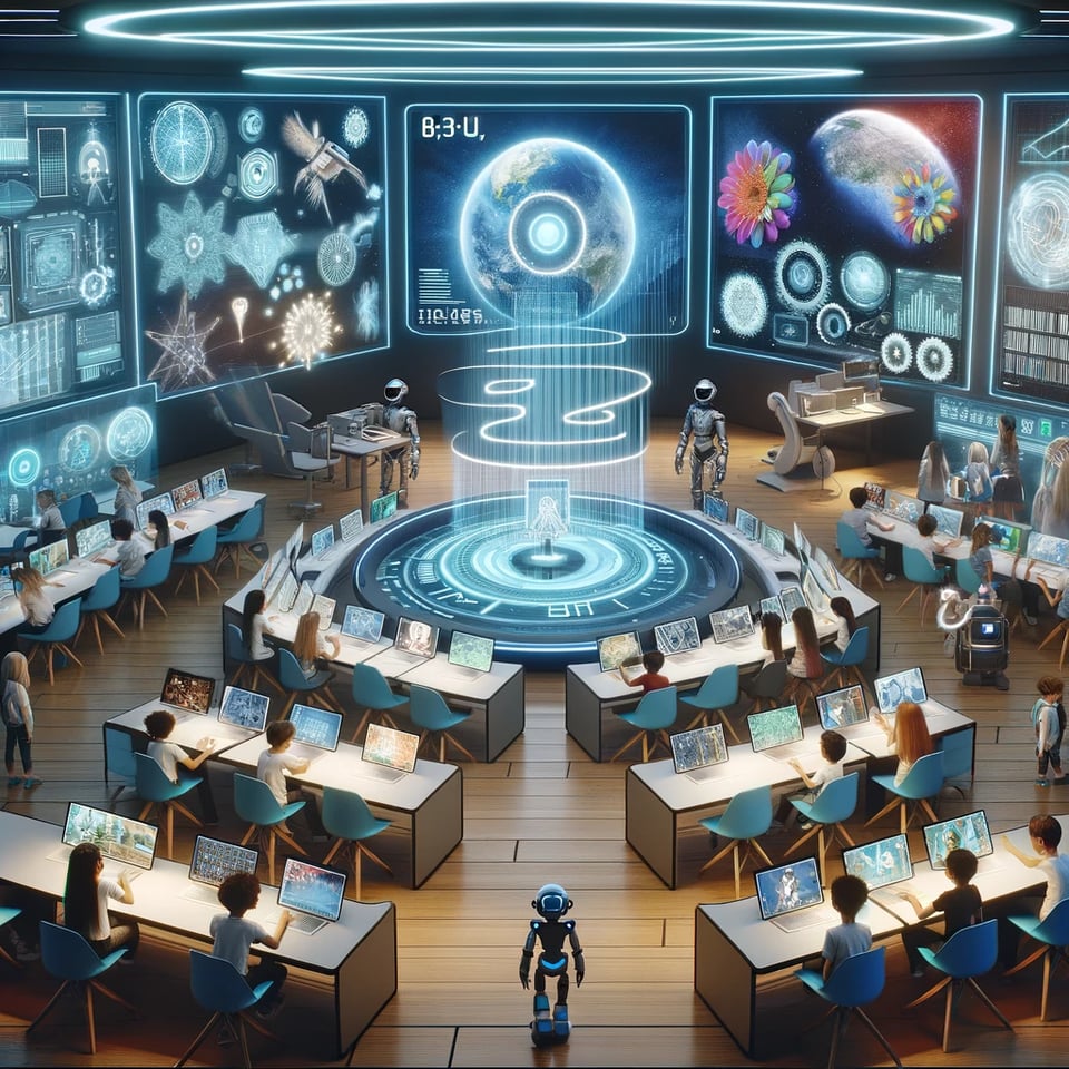 DALL·E 2024-02-15 20.58.02 - Imagine a futuristic classroom, filled with advanced technology and innovative design elements. In the center, a holographic projector displays intera