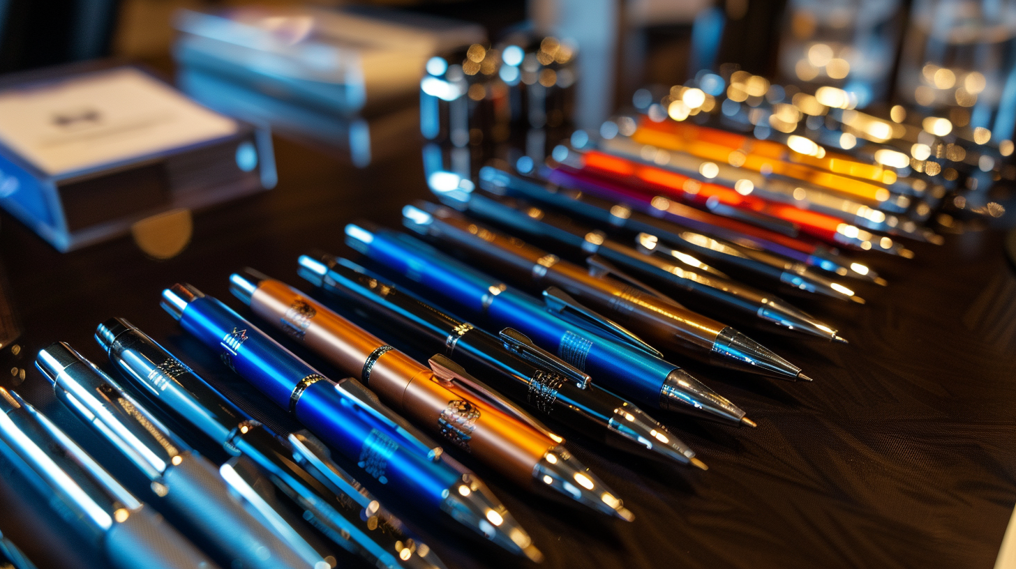 timecode._several_branded_pens_on_a_table_at_a_conference_84ec0b1a-743a-4a3e-b414-e9f01292130a